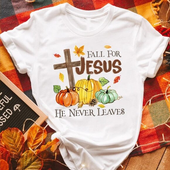 Gildan Other - Fall For Jesus He Never Leaves T-Shirt, Pumpkin Halloween T-Shirt
